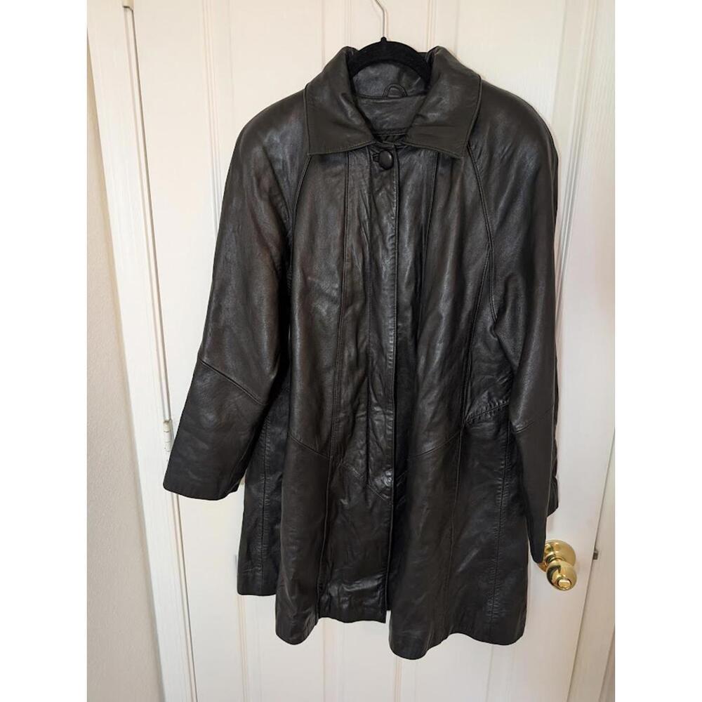 Coldwater Creek 100% Lamb‎ Leather Stylish Long Coat in Black SML